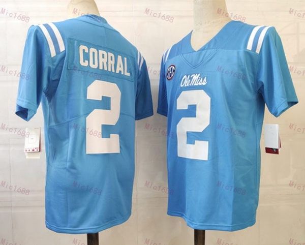 Camisa de futebol americano Ole Miss Rebels College Matt Corral Azul Claro Sitched