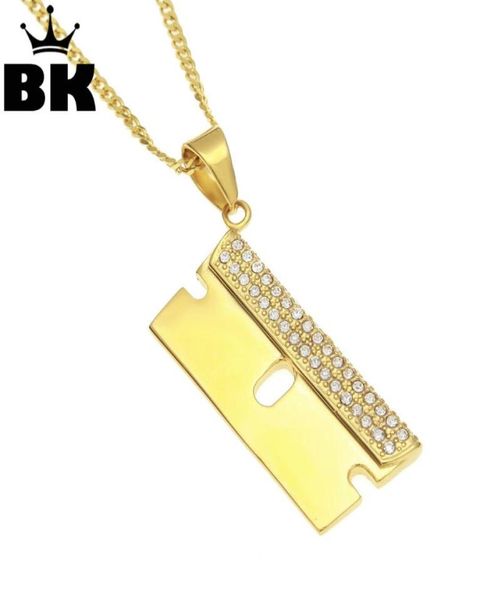 Colares Pingente de Aço Inoxidável Cor de Ouro Hip Hop Navalha Colar Out Rhinestone Mens Charme Jóias 3mm24inch Cuban Chain9313808