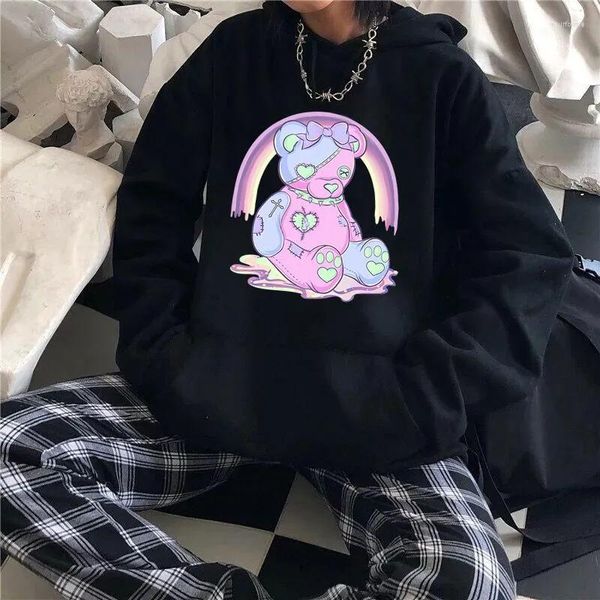 Felpe Felpe con cappuccio da donna Pastello Goth Bear Stampa Inverno Caldo Pullover tascabili Anime Kawaii Style Felpa con cappuccio Moda Casual Felpa unisex