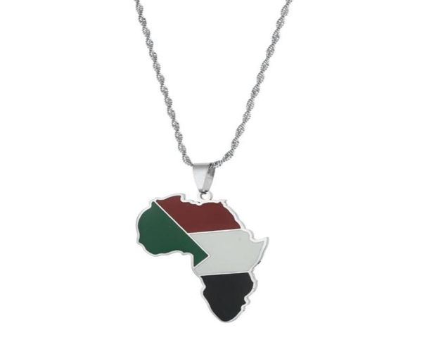 Correntes Prata Cor Aço Inoxidável Esmalte África Sudão Mapa Bandeira Pingentes Colares Moda Jóias Presentes1759486