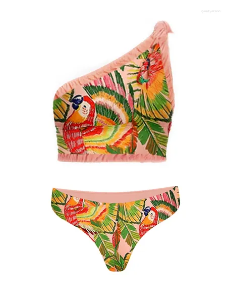 Roupa de banho feminina vintage um ombro bordado impressão bikini conjunto e saia franja para mulher 2023 luxo maiô de duas peças sexy/