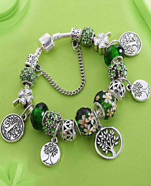Bracciale Albero della Vita Fili verde mille facce di cristallo con foro grande perline dipinte con fiori a foglia gioielli4278225