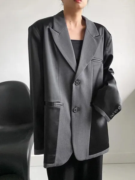 Abiti da donna NICEWOMEN Donna Nero Grigio Color-block Blazer di grandi dimensioni Risvolto Manica lunga Giacca ampia Moda Primavera Autunno 2024 AH490