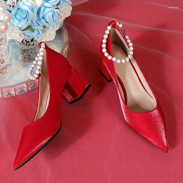 Sapatos de vestido 5cm moda cetim boca rasa com redondo beading envoltório casamento noiva vermelho para mulheres 41 42 43