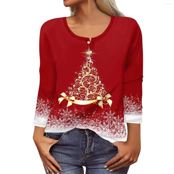 Camiseta feminina natal manga longa camiseta santa padrão pulôver impresso rena boneco de neve trajes gráficos casual bonito outono inverno