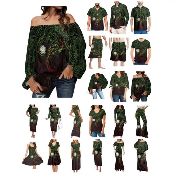 Camisas casuais masculinas Ilhas Polinésias Tatuagem Imprime Roupas Mulheres Vestido Combinando Homens Camisa Estilo Confortável Amante Preto Verde