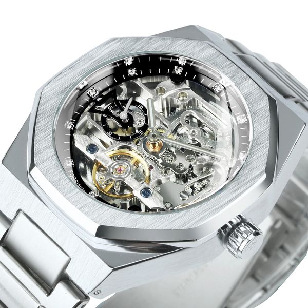 Forsining Argento Orologio automatico da uomo 3D quadrante con diamanti irregolare scheletro meccanico orologi da polso lancette luminose orologio 231226