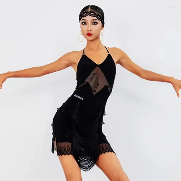 Сценическая одежда, черное кружевное платье для латинских танцев, женский костюм, сексуальная одежда с бахромой для румбы, одежда для взрослых, DNV17038