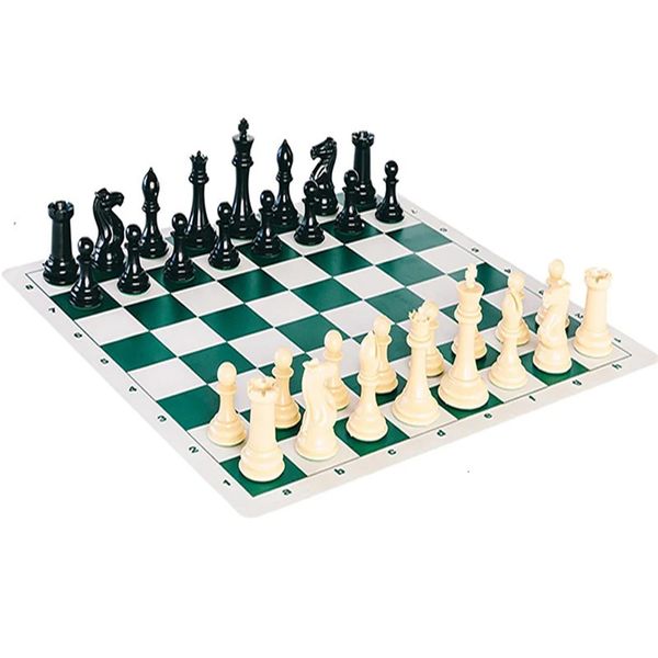 Conjunto de xadrez de torneio 90% de peças de xadrez preenchidas por plástico e jogo de tabuleiro de xadrez de vinil verde 231227