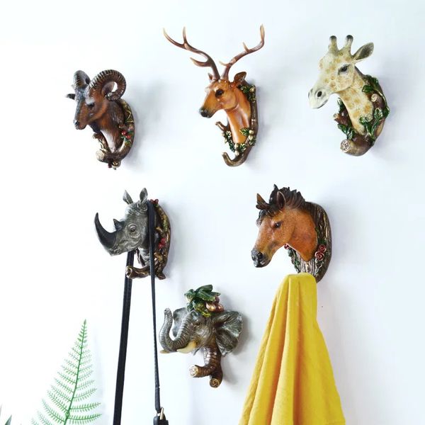 Simulation Harz Tierhaken Hanging Kleidung Hut Schal Schlüssel Hirschhörer Kleiderbügel Rack Wand Rhino Horn kein Stanztür Home Decor 231227