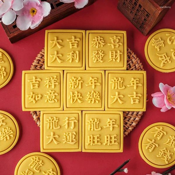 Moldes de cozimento Bênção Palavras Cortador de Biscoito Ano Chinês Dragão Primavera Festival Sorte Saudações Selo Moldes Ferramentas de Pastelaria