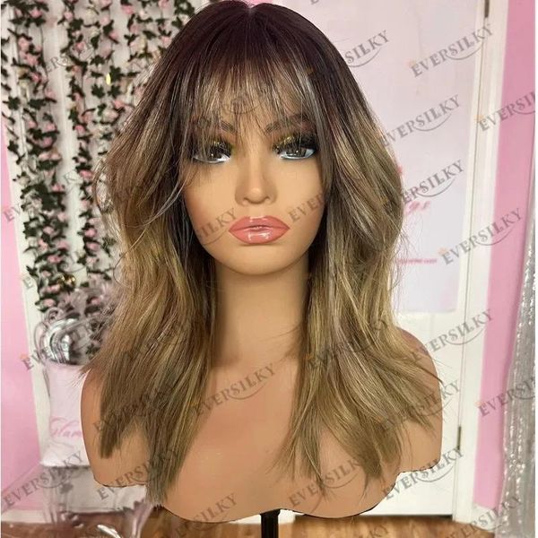 Peruklar ombre balayage bal sarısı kısa insan saçı saçak peruklar siyah kadınlar için tam dantel peruklar parlak yeni 13x3 dantel ön peruklar