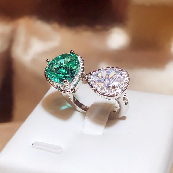 Anéis de gota de diamante de casamento feminino presente de aniversário luxo amor coração verde branco diamante chinês anel de dedo joias de pedra mosonita atacado anillos