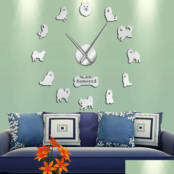 Relógios de parede Samoyed Dog Raça Retrato Diy Grande Relógio Frameless Cachorrinho Pet Acrílico Espelho Superfície Adesivo Mute Watch Home Decor Drop D Dh4Aq