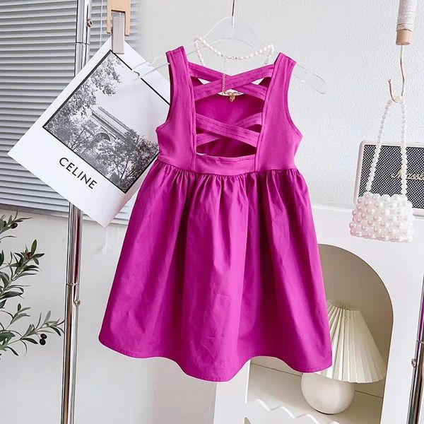 Vestidos de menina 2023 verão chegada meninas sem mangas o pescoço sem costas rosa vermelho roupa infantil menina bonito vestido de festa custume 12m-7t