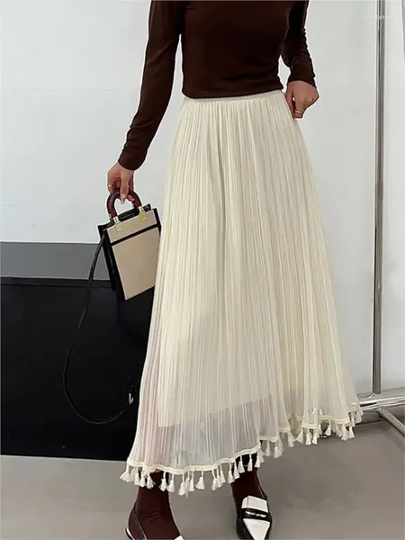 Юбки в стиле ретро, длинная женская плиссированная макси-юбка с эластичной резинкой на талии, осень 2023, модная винтажная повседневная свободная юбка Faldas