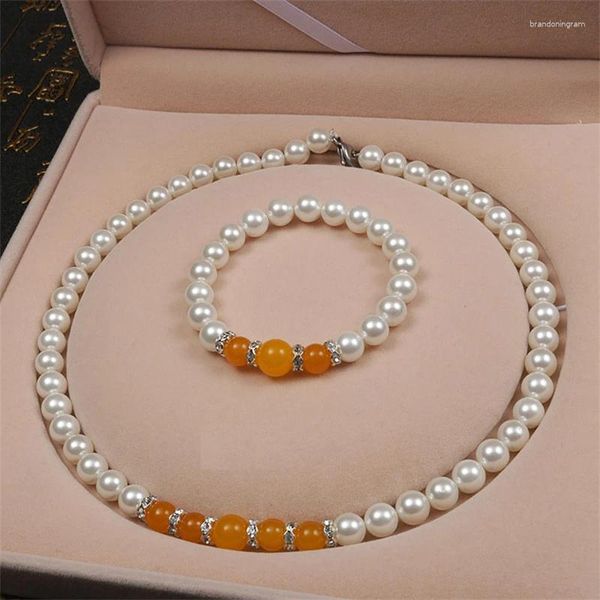 Halskette Ohrringe Set Mutter Geschenk Mode Klassische Persönlichkeit 8mm Weiße Muschel Perle Achat Halsketten Armband Braut Anzug Großhandel Femme