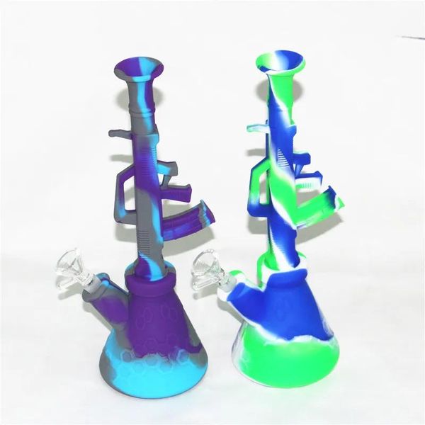 Caixa de silicone Ak47 Gun Forma Kit Néctar Concentrado Tubo de Água de Fumaça com Tigela de Vidro de 14mm Dab Palha Plataformas de Petróleo