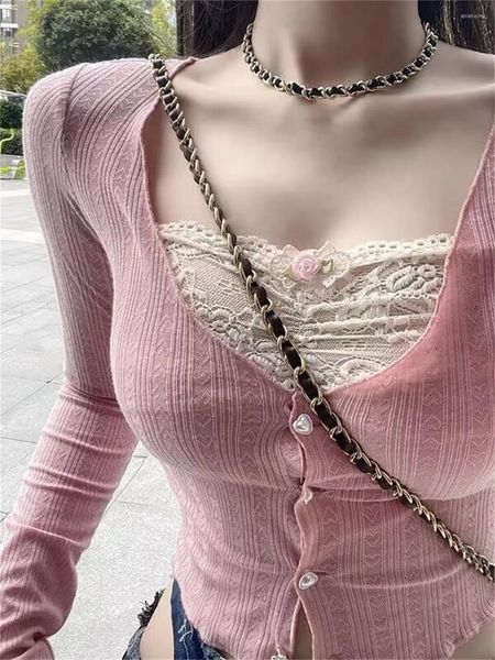 Женские футболки, розовые кружевные лоскутные тонкие топы, футболки, корейский модный укороченный топ, женский весенне-летний кардиган, вязаная футболка с длинным рукавом, милая