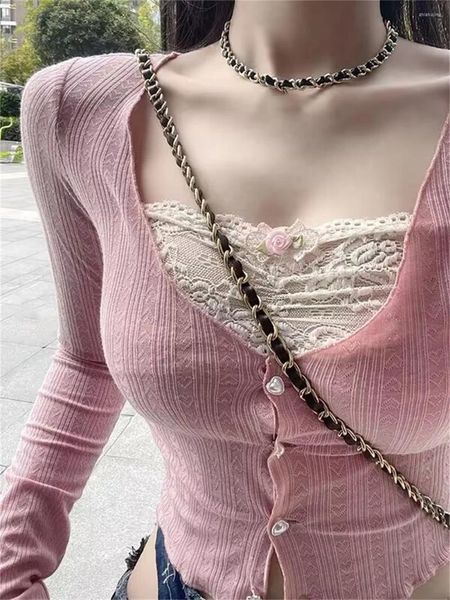 Mulheres Camisetas Rosa Lace Patchwork Slim Tops Tees Coreano Moda Crop Top Mulheres Primavera Verão Cardigan Manga Longa T-shirt Doce