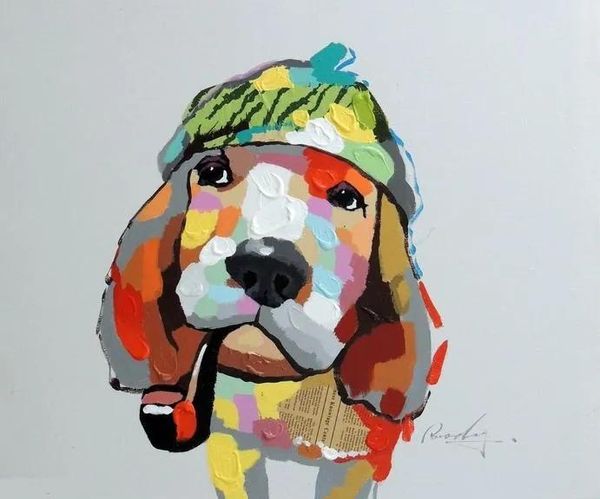 Dipinti Basset Hound Dog Ritratto Tecnica mista Pop Art Pittura a olio, Puro dipinto a mano Astratta moderna Decorazione Parete Immagini su tela. Multi formato,