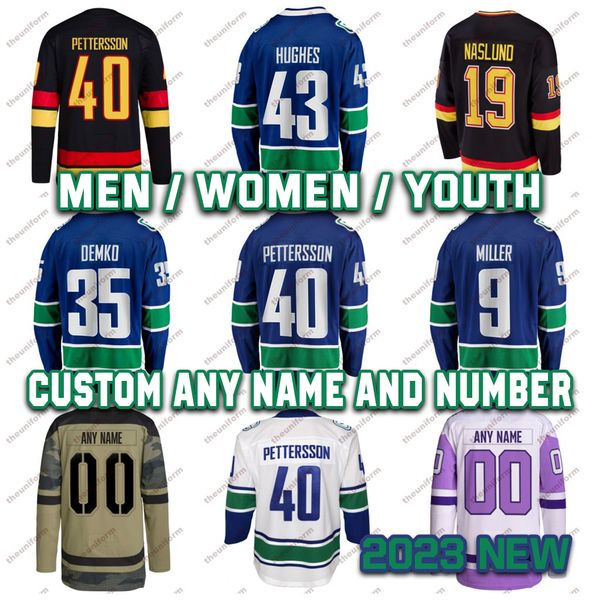 Maglia da hockey su ghiaccio personalizzata da uomo 40 Elias Pettersson Vancouver Stitched 43 Hughes 6 Boeser 29 DeSmith 9 Miller 10 Bure Maglie da hockey per giovani donne