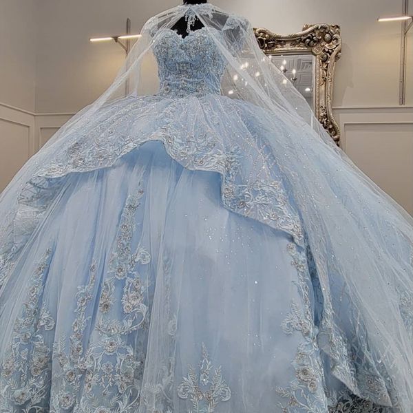 Sparkly Sky Blue Princess Ball Hown платья Quinceanera 2024 Appliques Кружевные бусины с плащной милой