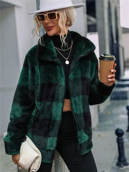 Frauen Strick Winter Plaid Fuzzy Pullover Zipper Strickjacke Frauen Warme Streetwear Vintage Schachbrett Sherpa Top Fleece Jacke