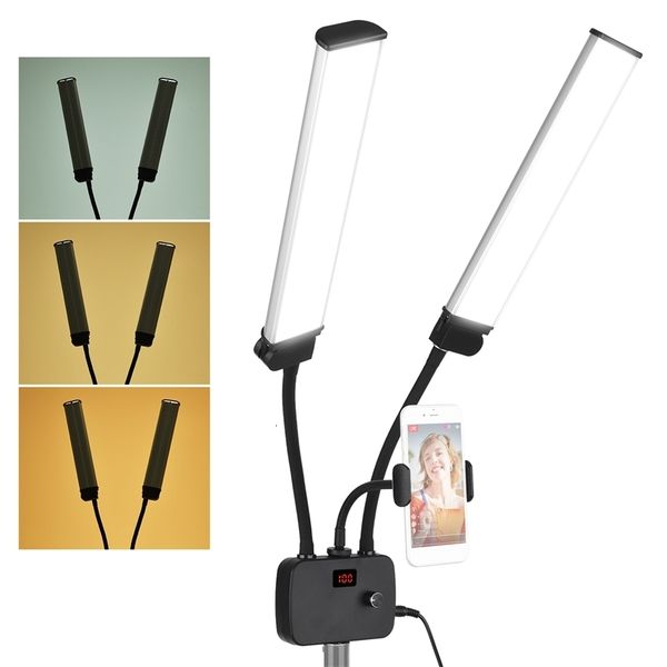 Braços duplos flexíveis LED luz de preenchimento luzes de vídeo de beleza 3200 4500 5600K 3 modos de iluminação 45W suporte de telefone para transmissão ao vivo 231226