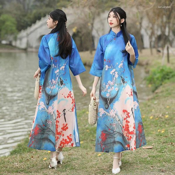 Vestidos casuais sofisticado estilo chinês elegante vestido feminino tradicional maduro elementos hanfu e pintura de tinta de botão de camada dupla