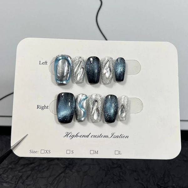 MAGO Профессиональные ногти ручной работы с полным покрытием, темно-синие кристаллы «кошачий глаз», короткие многоразовые готовые накладные ногти 231226