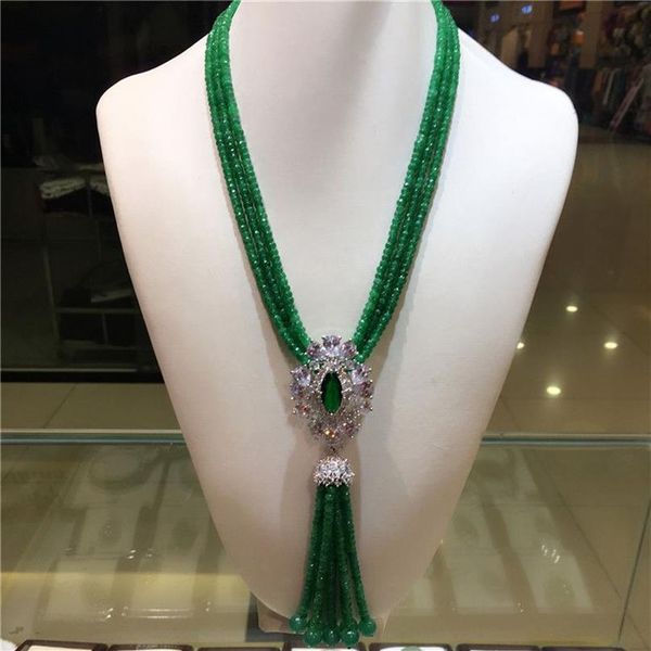Verkaufe natürliche grüne Jade Micro Inlay Zirkon Verschluss Quaste Halskette lange Pullover Kette Modeschmuck268Y