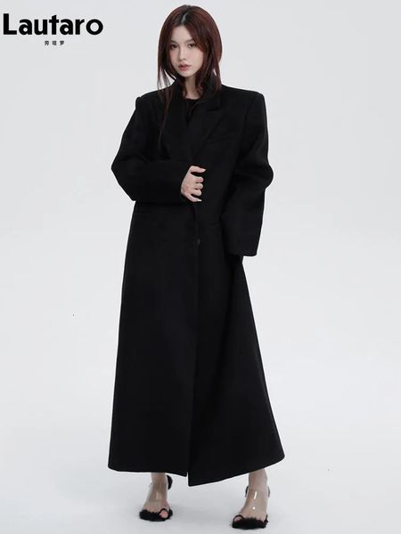 Lautaro outono inverno longo solto casual preto quente macio casaco de lã feminino elegante designer de luxo ouerwear moda coreana 231226