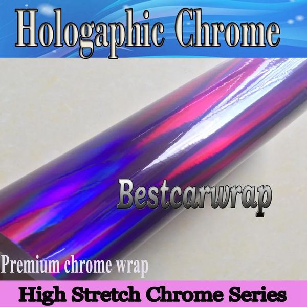 Adesivos Filme de vinil holográfico cromado roxo para embrulho de carro com bolha de ar livre camaleão arco-íris cromado folha de cobertura 1,52x2 0m/Ro