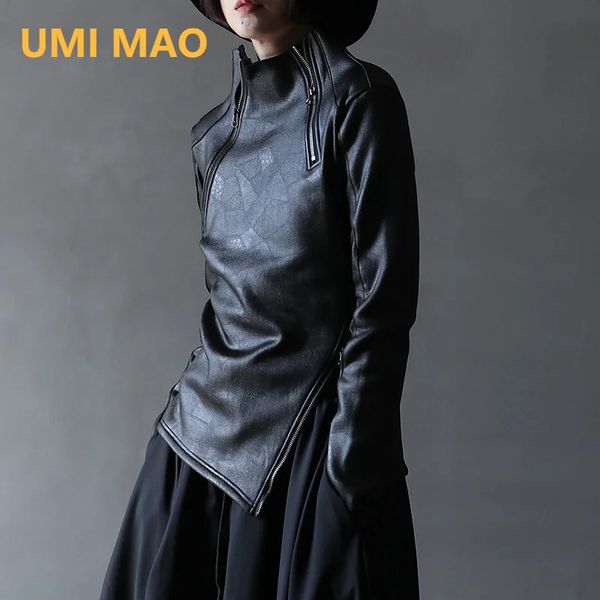 UMI MAO Felpa in ecopelle con cerniera diagonale stile Yamamoto scuro Colletto alla coreana irregolare Giacca gotica nera fresca femminile Y2K 231226