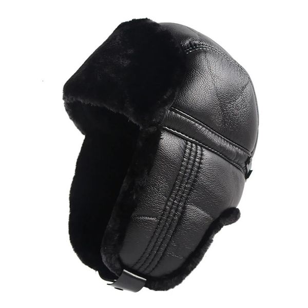 Cappelli da pelliccia da uomo in pelle in pelle russa in pelle inverno all'aperto calda ushanka da uomo sovietico papà bomber cappello bombardiere nero 231227