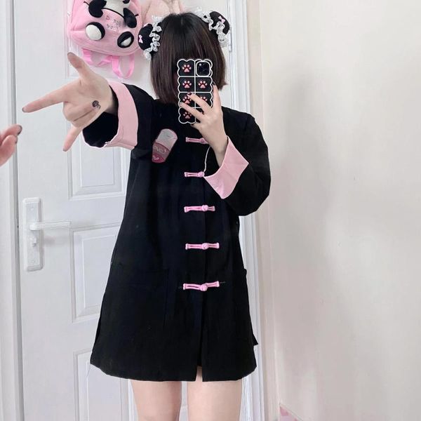 Женские блузки в японском стиле Харадзюку для девочек, китайский стиль с пряжкой и воротником-стойкой, вышитые черные розовые милые рубашки, куртка Kawaii, женская одежда