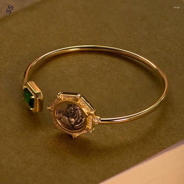 Pulseira verde pedra preciosa antiga moeda mão jóias moda feminina/masculina pulseira vintage acessórios de corrente de metal para embelezamento de vestuário