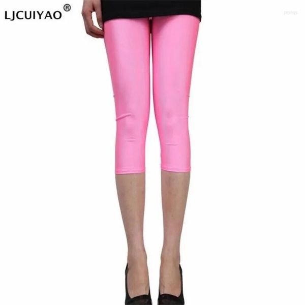 Pantaloni da donna Capris LJCUIYAO Leggings capri da donna Tinta unita Pantaloni lucidi fluorescenti Spandex Elasticità shinny Pantaloni casual alla caviglia