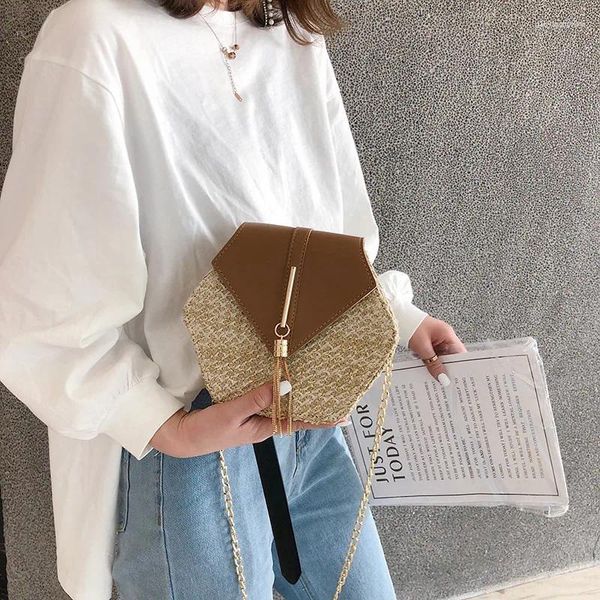 Abendtaschen Hexagon Mulit Stil Stroh Leder Handtasche Frauen Sommer Rattan Tasche Handgemachte gewebte Strand Kreis Böhmen Schulter