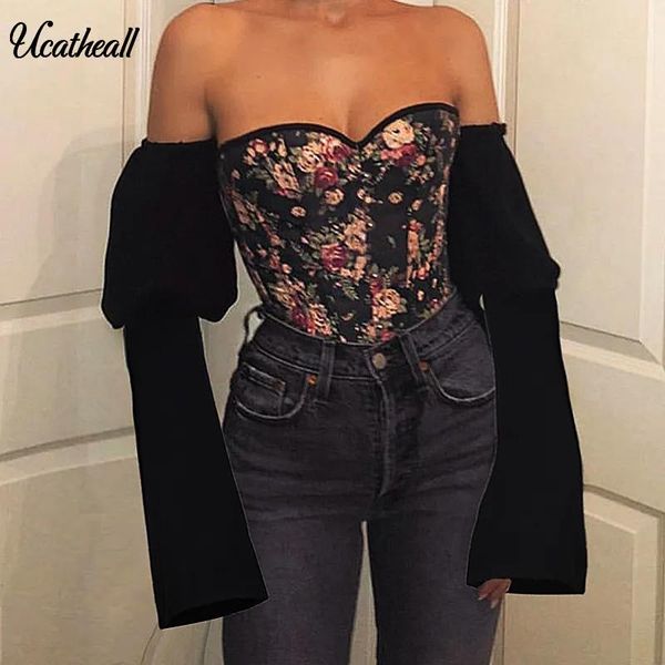 Shirts 2020 Mode Versammelt Puff Sleeve Print Wrap Tops Frauen Sommer Elegante Langarm Off Shoulder Lace Up Sexy Bluse