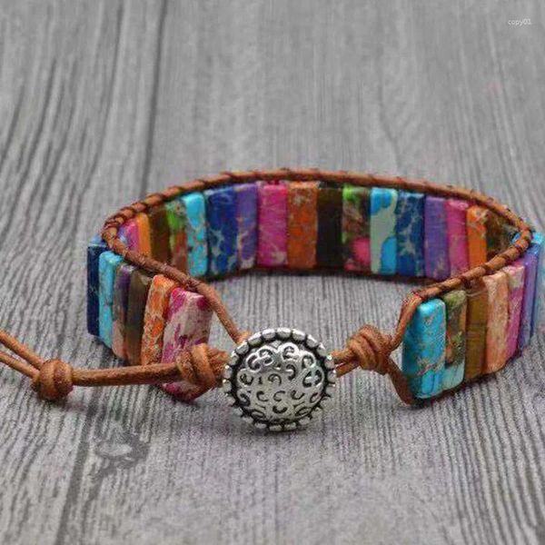 Bracciale rigido Milangirl Bracciale unisex fatto a mano con perline colorate 7 Chakra Bracciale in pelle bohémien con pietre naturali regolabile