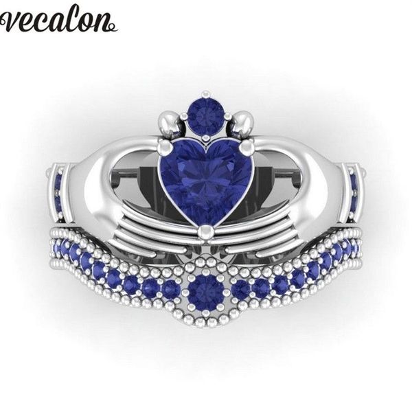 Vecalon Lovers Anello claddagh in pietra portafortuna blu 5A Zircone Cz Anello in oro bianco riempito con fede nuziale di fidanzamento Set per donna uomo Gift284C