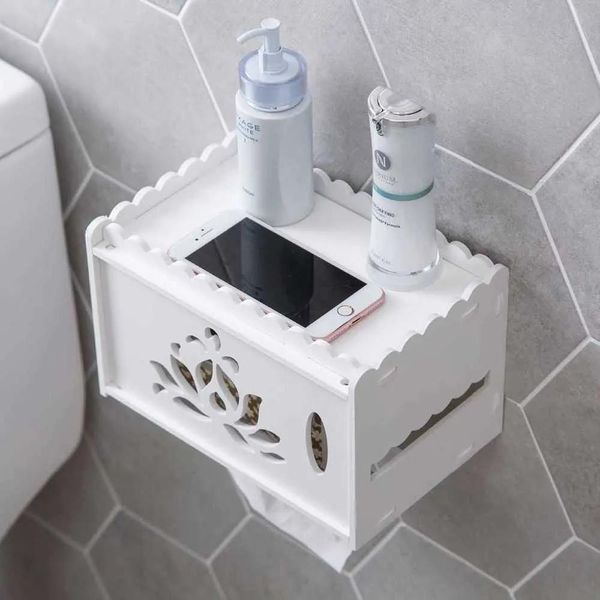 Tovaglioli Scatole per fazzoletti Tovaglioli Scatola per fazzoletti impermeabile in plastica di legno cavo Bagno WC Punch Free Porta asciugamani di carta Scatola da parete Carta igienica Han