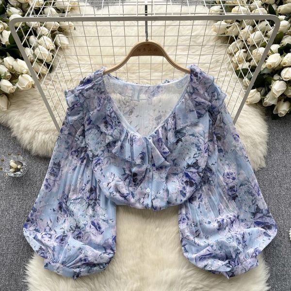 Frauenblusen Msharbor Chic Ruffen gekräuseltes Chiffon Blumendruck Hemd Süßes schlanker Laternenhülle Mori Girl Style Feiertagsbluse