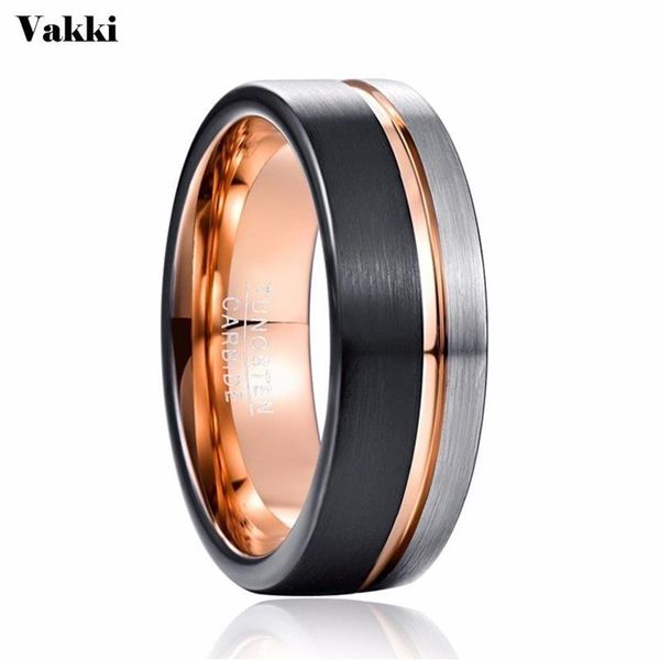 VAKKI Uomo 8mm Anello in tungsteno Nero Oro rosa Fascia nuziale Anello di fidanzamento Gioielli da uomo Bague Homme273E