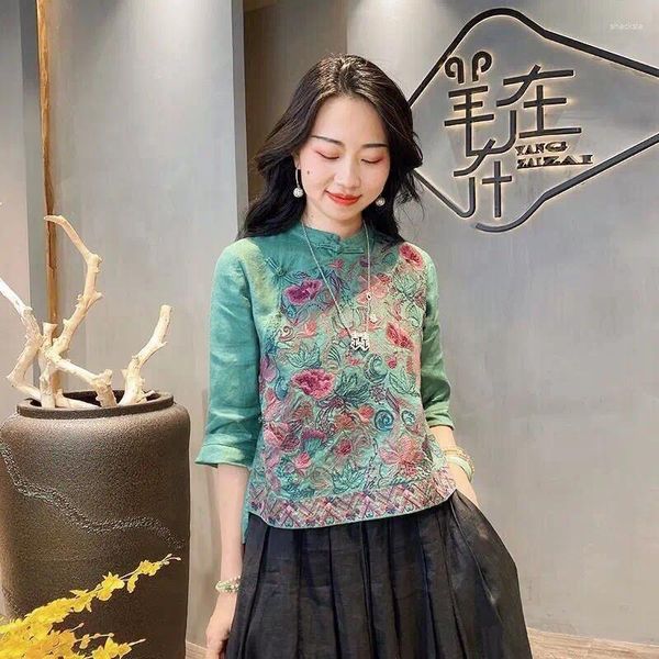 Blusas femininas algodão e linho indústria pesada bordado estilo chinês blusa feminina retro gola sapo solto camisa casual nacional