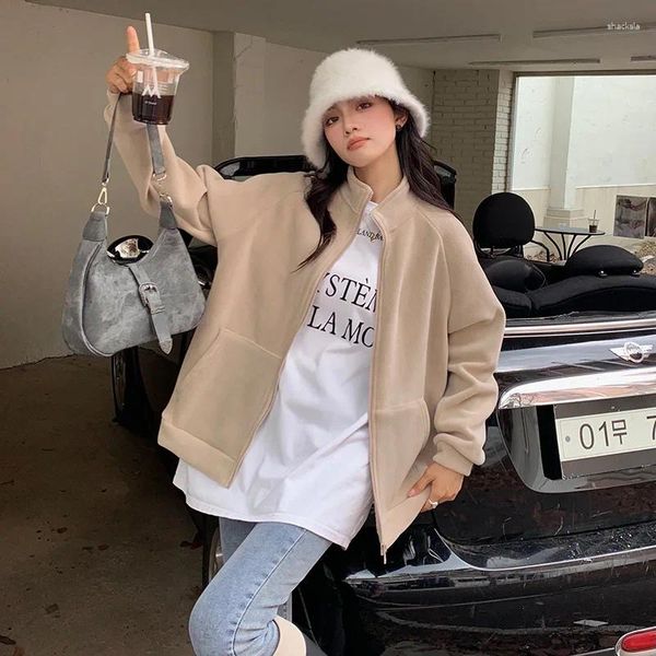 Giacche da donna Giacca in lana d'agnello Ispessimento invernale Colletto alla coreana Cappotto con cerniera in pile polare Harajuku Streetwear Blazer Capispalla Top