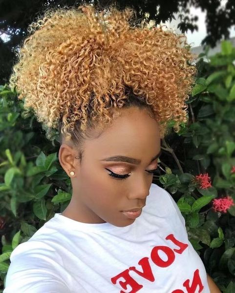 Virgem Human Blonde Afro Puff Phugestring Ponytail Extension Para mulheres negras, rabo de cavalo de puff de afro curto para cabelos naturais, clipe sobre pão de cavalo de rabo de cavalo de cordão curto