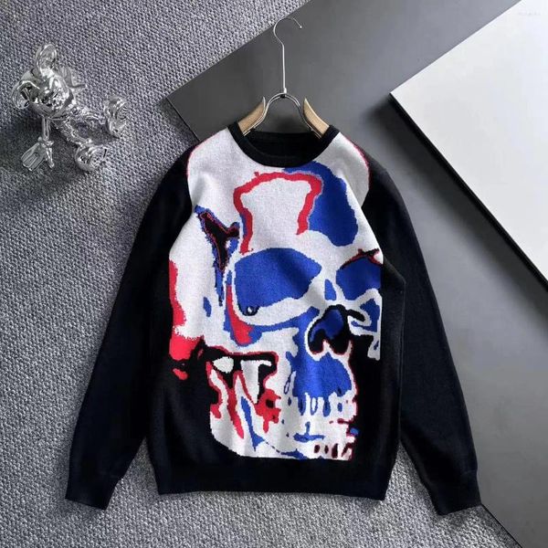 Erkek Sweaters Alexplein Kafatası Graffiti Intarsia-Knit Kazak Erkekler Giyim Moda 2024 Kış Çift Giyim Giyim Giymek İplik Kapak İplik Modeli